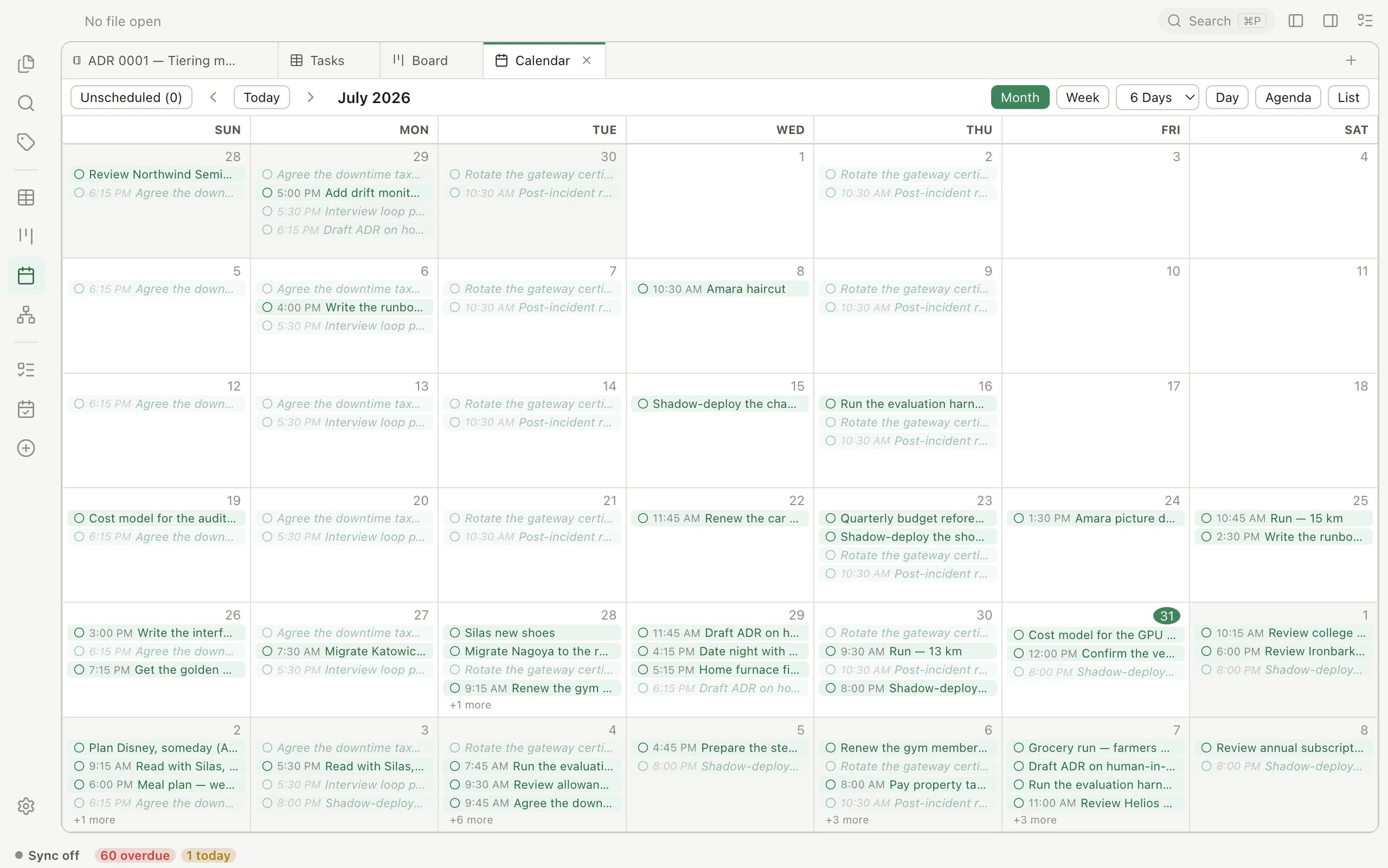 Pellet's Calendar in month view, with scheduled tasks laid across the grid and an unscheduled side panel.