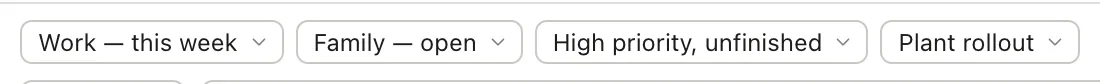 Four saved filter pills above a task table: Work — this week, Family — open, High priority unfinished, Plant rollout.