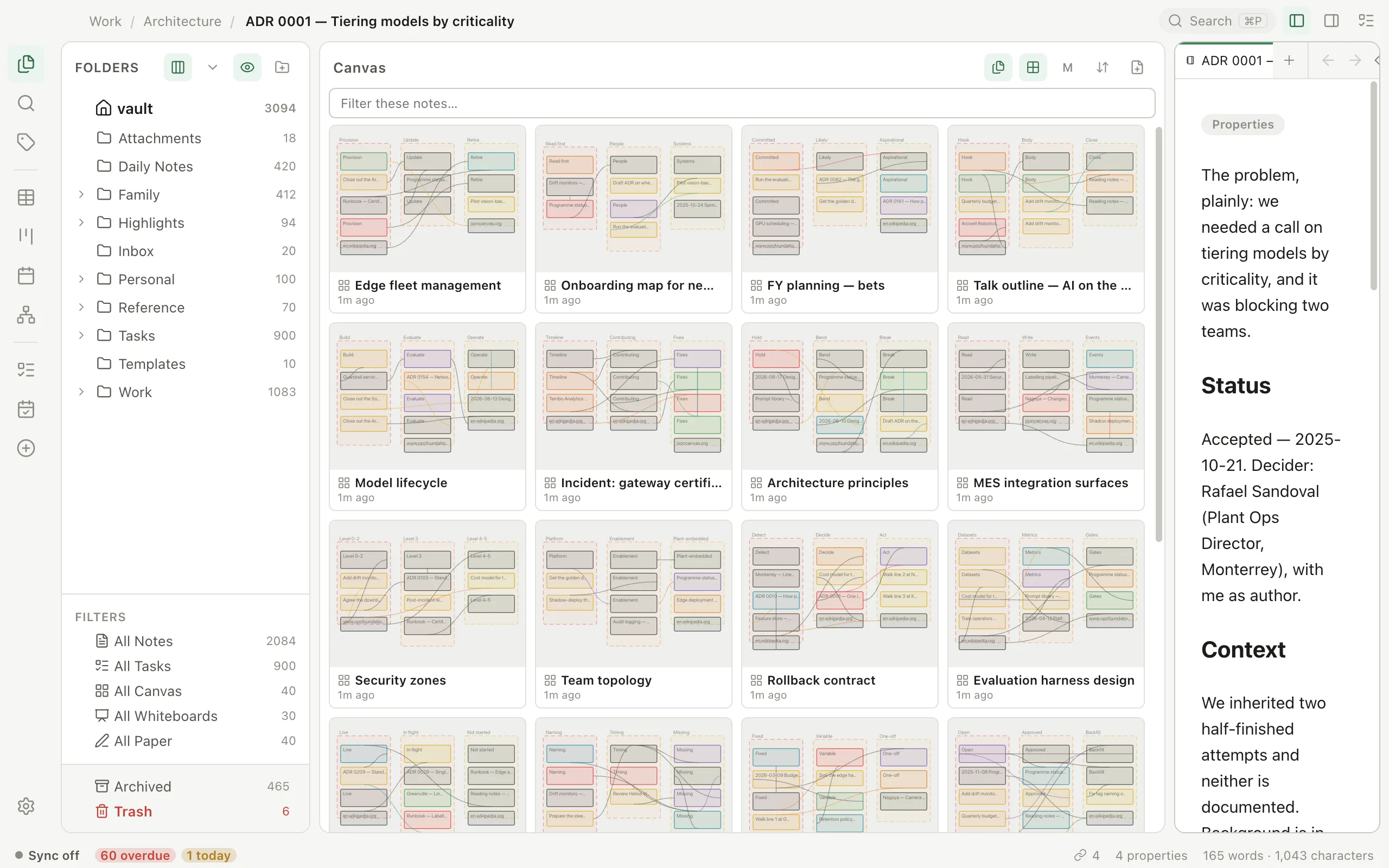 Pellet's note list in gallery mode, a grid of thumbnail tiles rendered from canvases and documents.