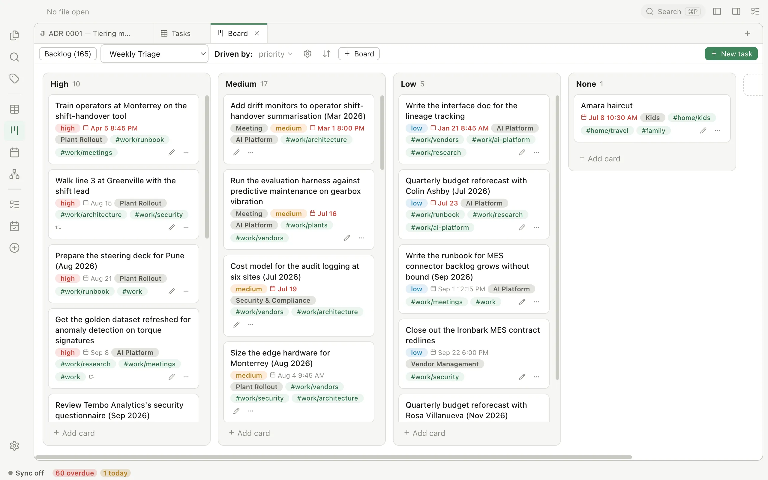 Pellet's Kanban board, columns driven by priority, cards carrying due dates, groups and tags, with a backlog drawer.