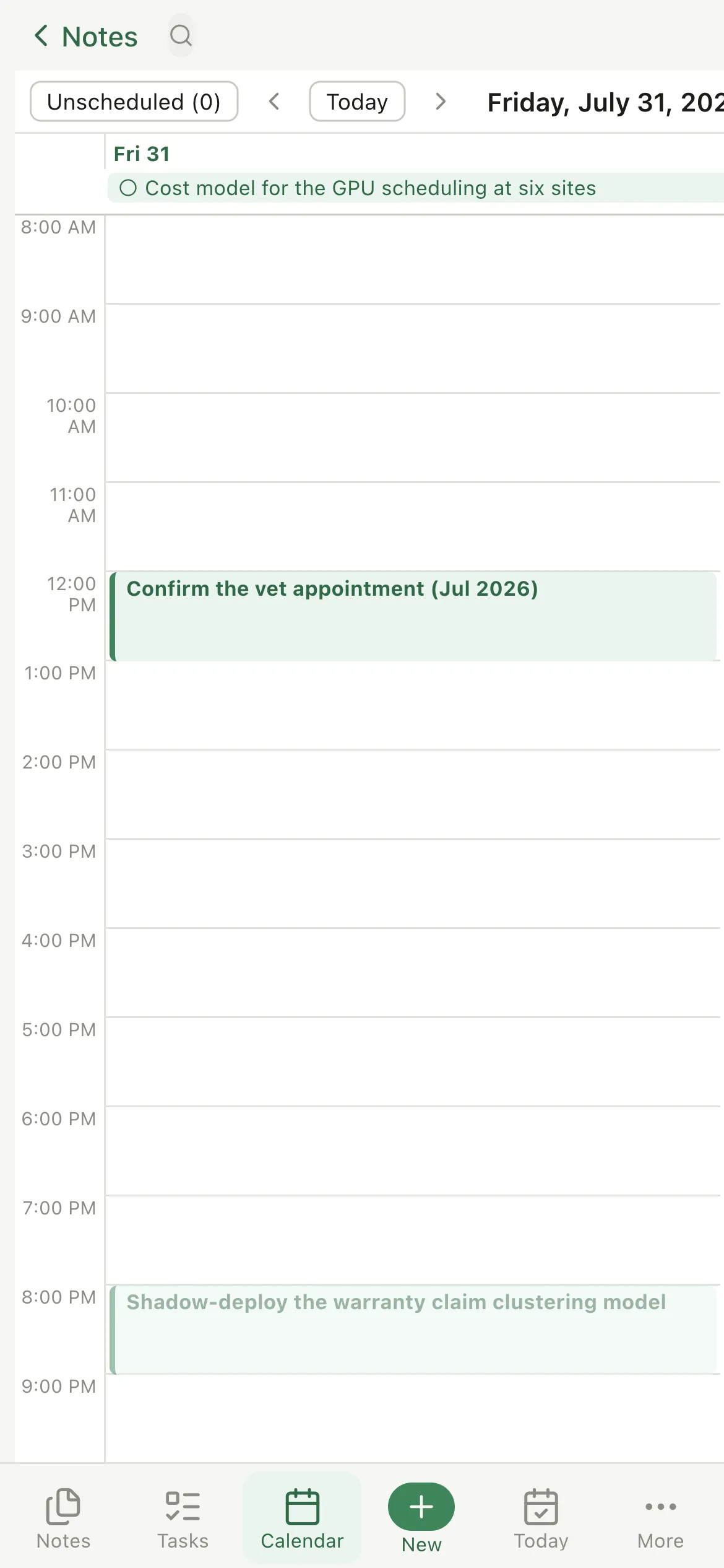 Pellet on a phone: the calendar's Day view for today, with an all-day task pinned above a timed schedule.