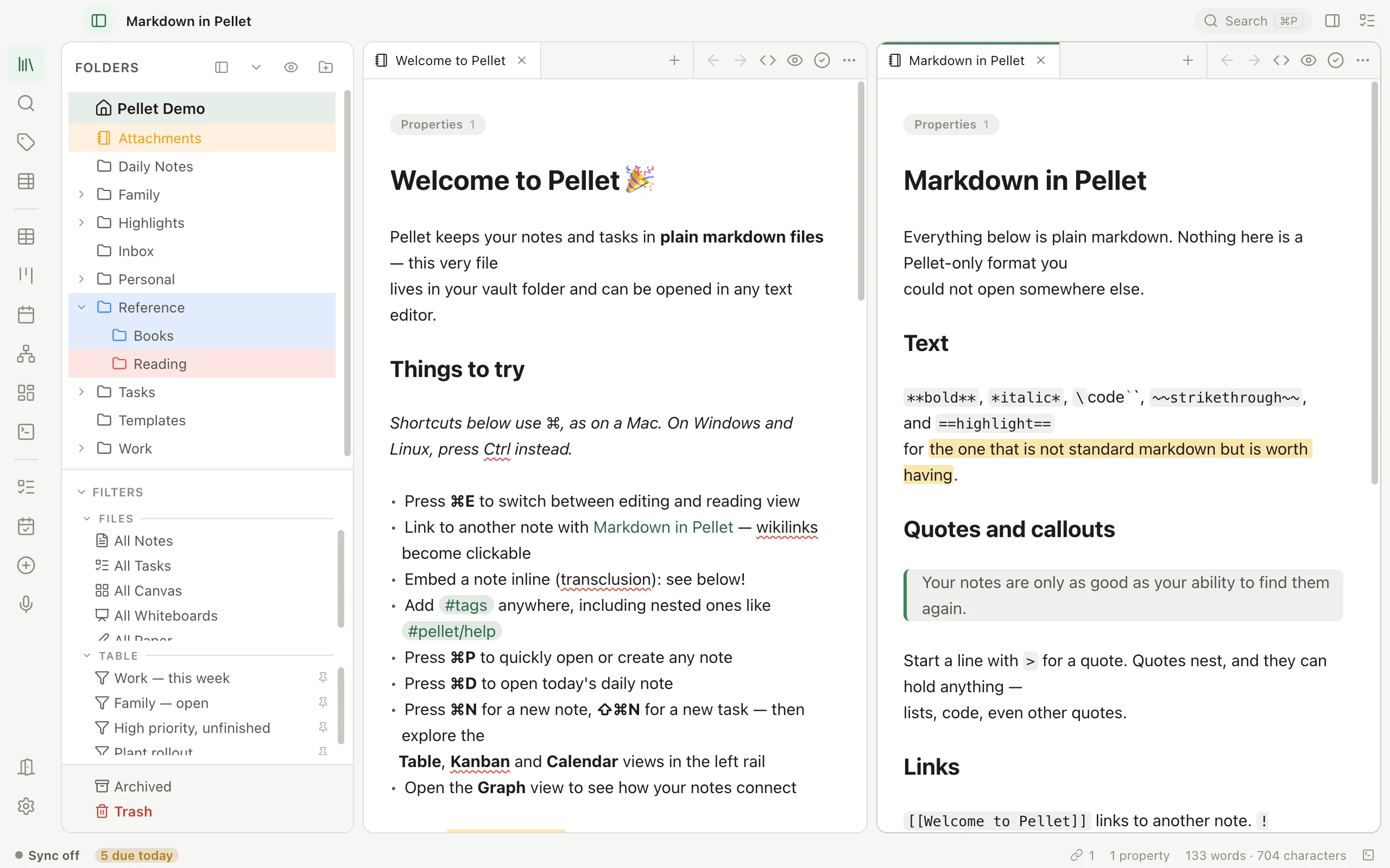 Pellet's notes: the folder tree on the left, and two notes open side by side — Welcome to Pellet, with headings, a wikilink, tags and shortcut tips, and Markdown in Pellet, showing bold, italic, code, highlight and a quote.