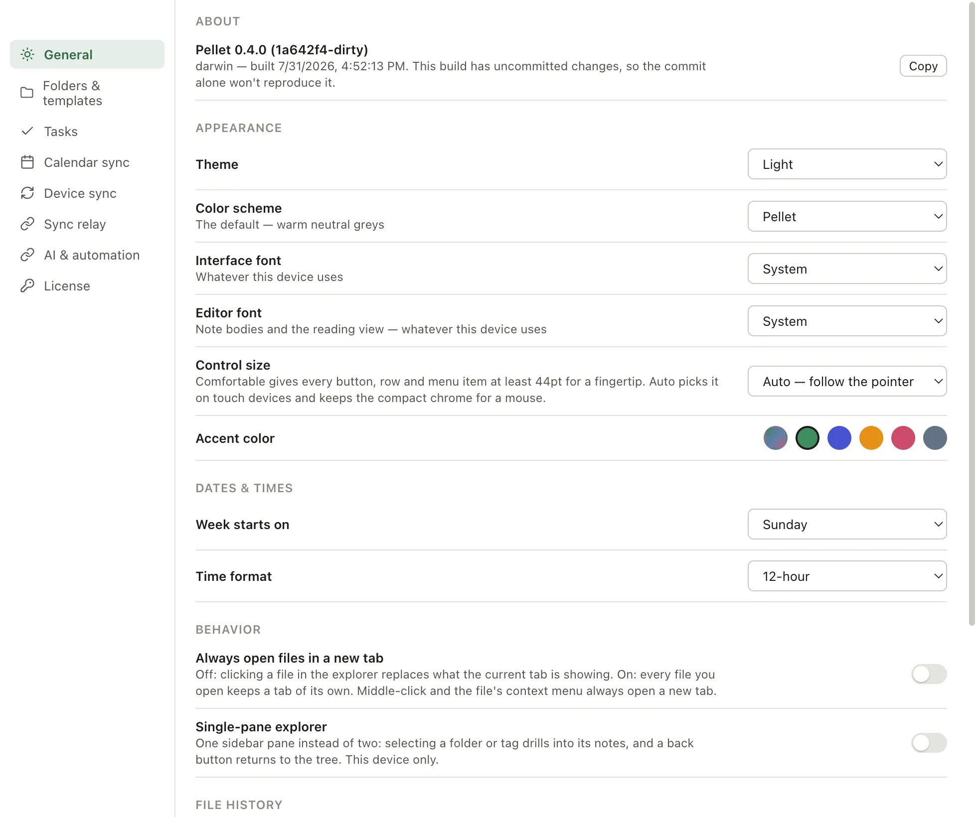 Pellet's Settings window, showing the General section with theme, color scheme, accent, fonts and density.