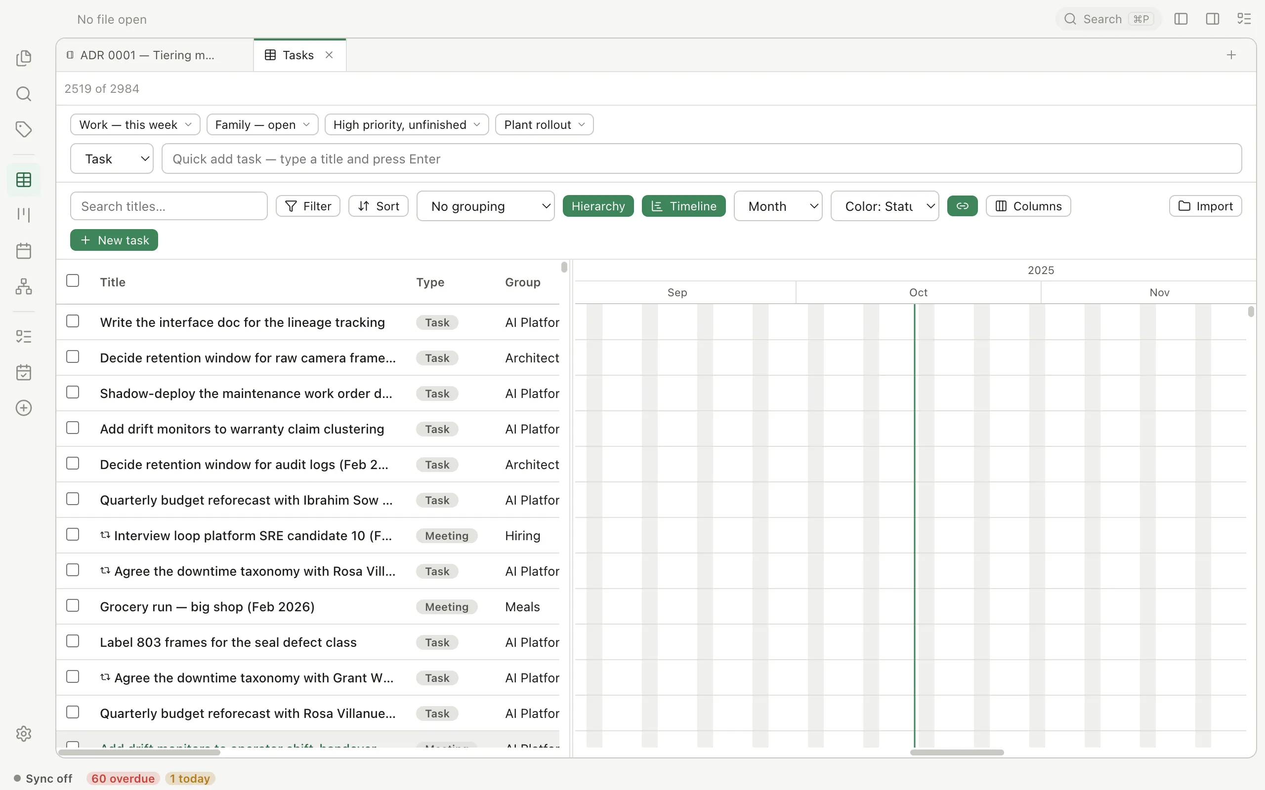 Pellet's Table view: saved filter pills across the top, a quick-add row, and a task list with type, group and tag columns showing 2,519 of 2,984 rows.