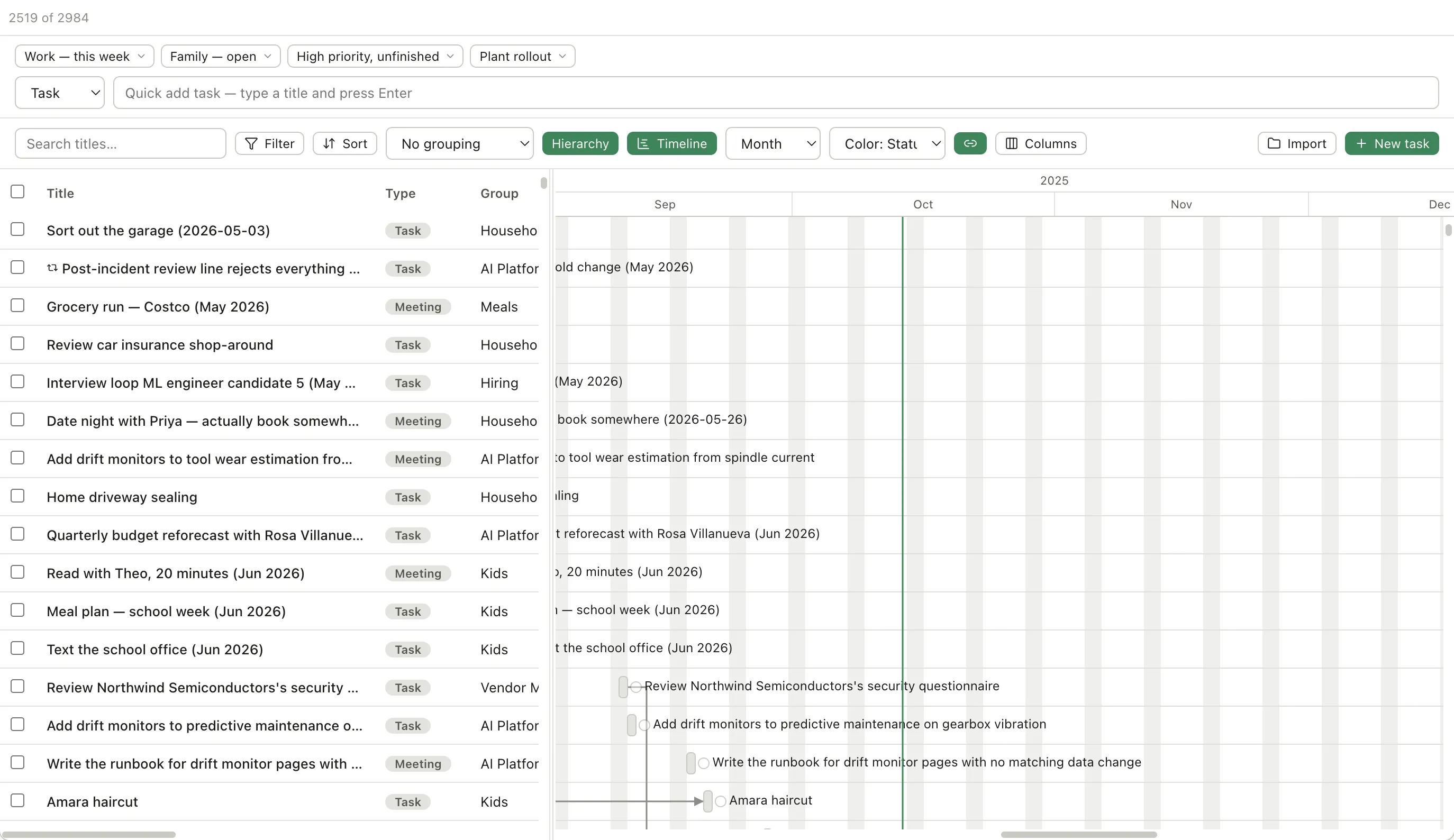 The Timeline open beside the task table, showing a quarterly timescale, task bars and a today line.